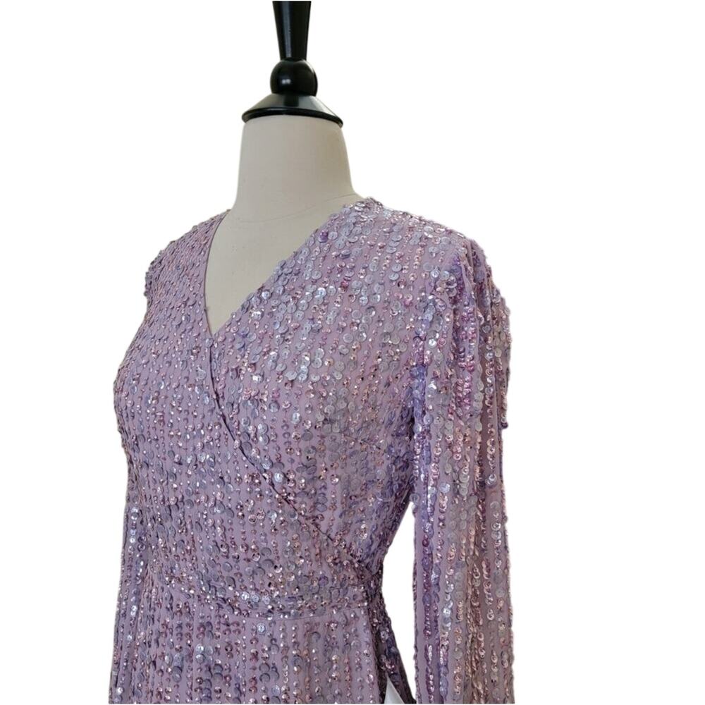 Mac Duggal 107641 Sequin Lavender Purple V Neck Long Sleeve Midi Dress 4 Gown - Picture 7 of 12
